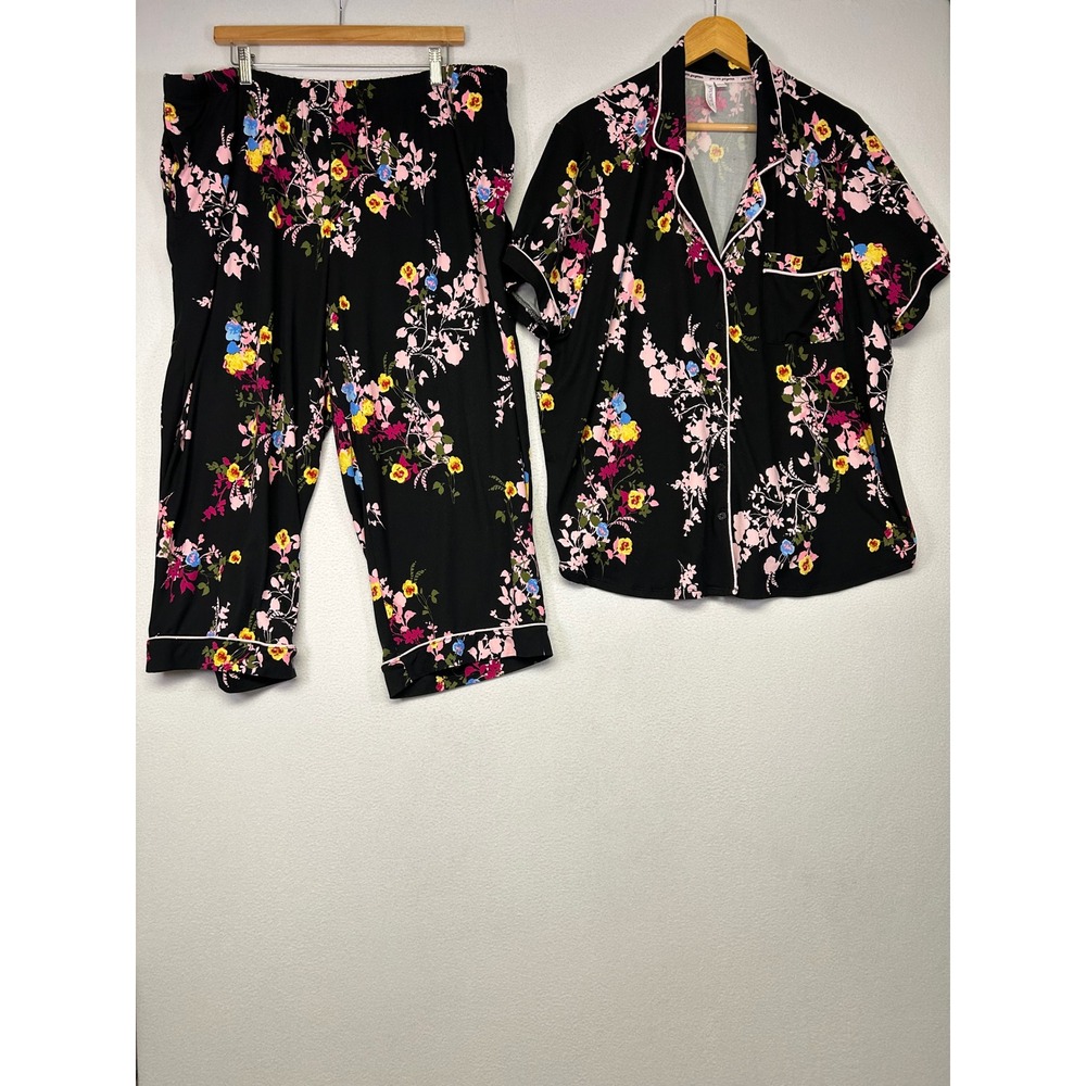 Floral Garden Joyspun Womens 3X Black Pink Short Sleeve Pajama Pant Set
